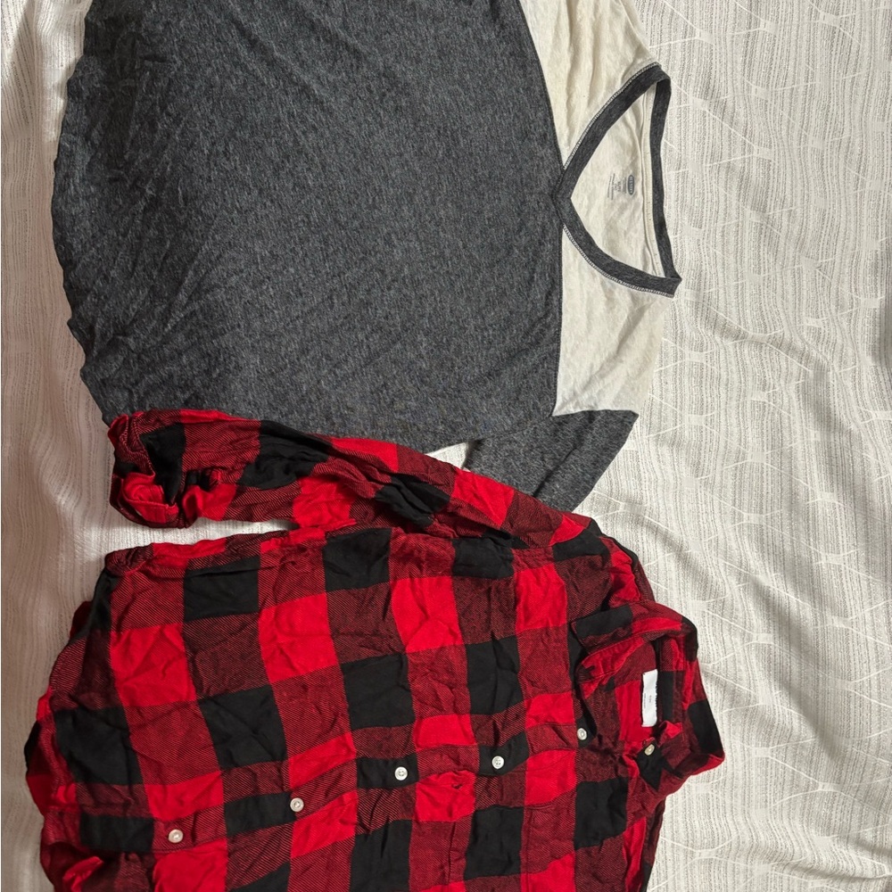 Old Navy Red and Black Plaid Shirt & Gray Long Sleeve Tee